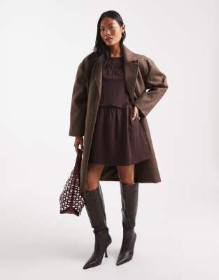 Brave Soul Petite - Lange Jacke aus Wollimitat in Braun mit Gürtel-Brown