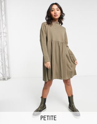 Brave Soul Petite lizzie high neck smock dress in khaki