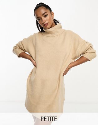 Brave Soul Petite ming knitted roll neck jumper dress in cream