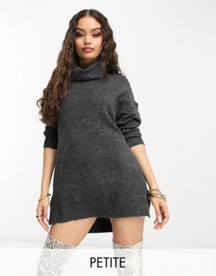 Brave Soul Petite ming knitted roll neck jumper dress in dark grey