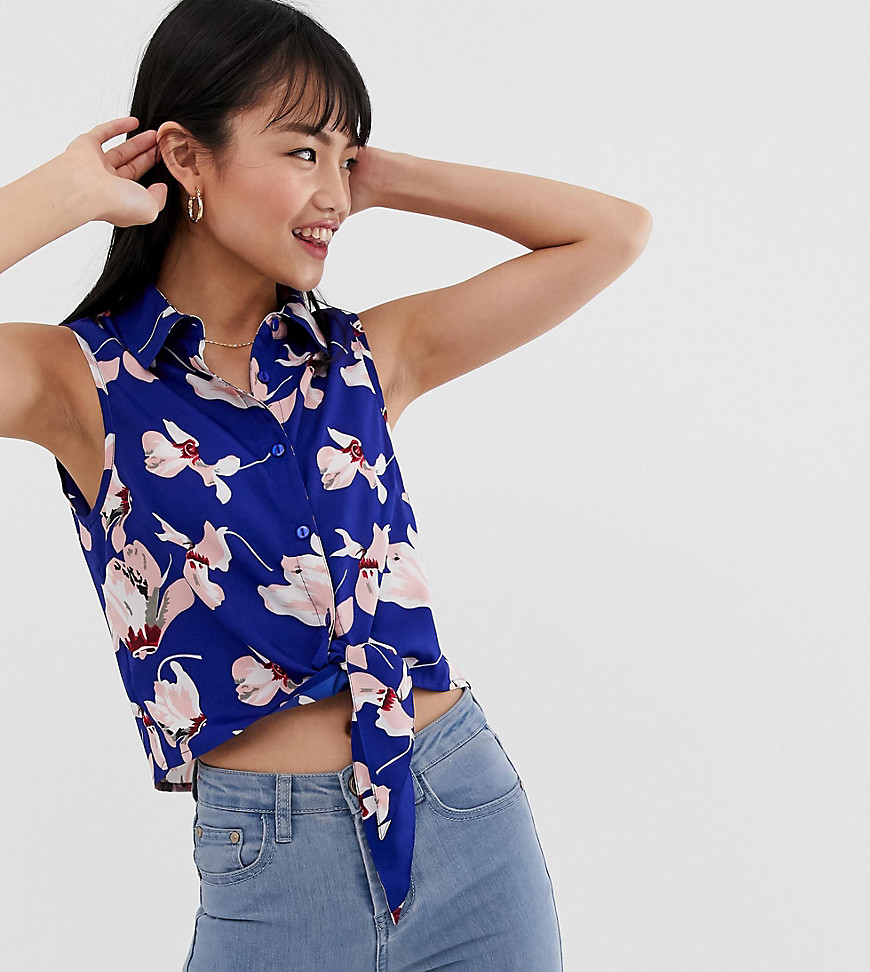 Brave Soul Petite - Overhemd met strik aan de voorkant met bloemenprint-Marineblauw