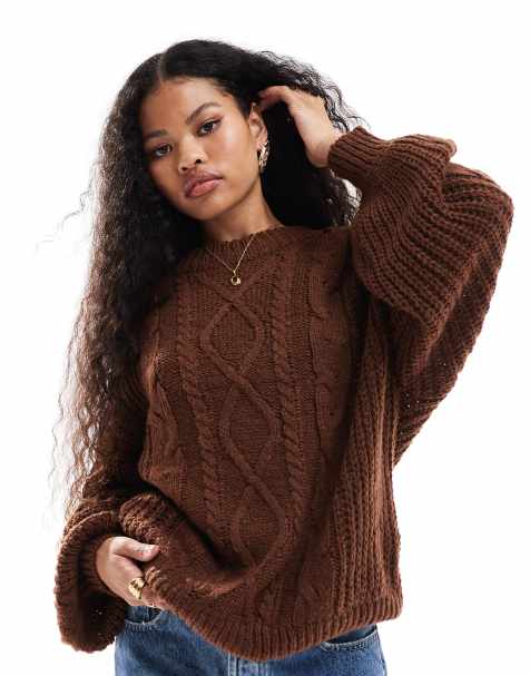 Brave Soul Petite – Oversize-Strickpullover in Braun mit Zopfmuster - view 1