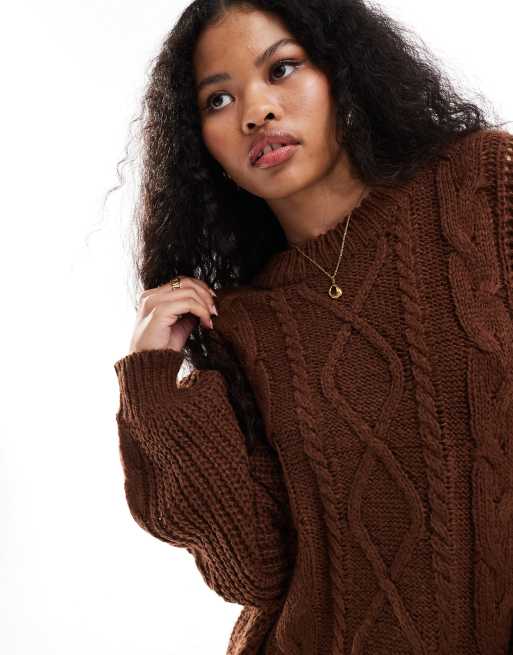 Brave Soul Petite - Oversized gebreide kabeltrui in bruin, 3 van 4