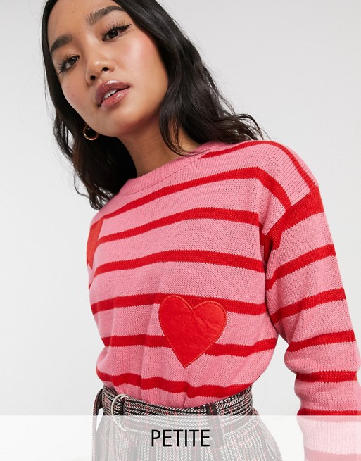 Brave Soul Petite pink stripe jumper with heart applique