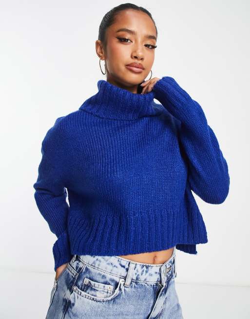 Brave Soul Petite pull court coupe carrée à col roulé bleu électrique, 2 de 4