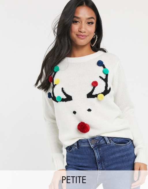 Brave Soul Petite reindeer christmas jumper with pom poms | ASOS