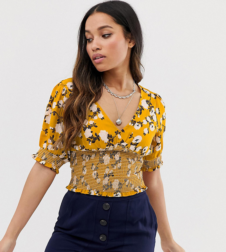 Brave Soul Petite shirred detail top in floral print-Yellow