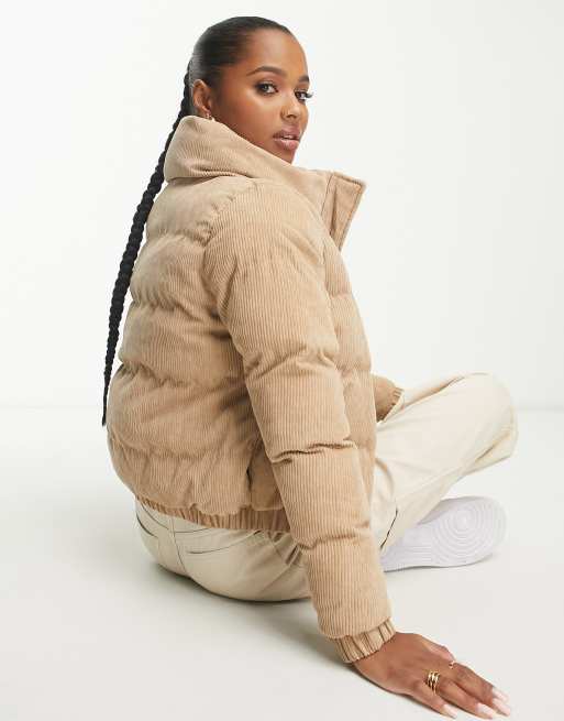 Brave Soul Petite slay corduroy puffer jacket in cream