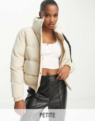 Brave Soul Petite slay peach skin puffer jacket in cream-White