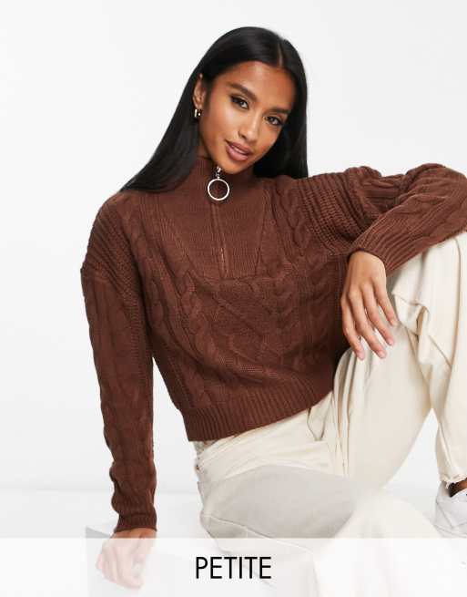 Brave Soul Petite tanya half zip cable knit jumper in chocolate brown
