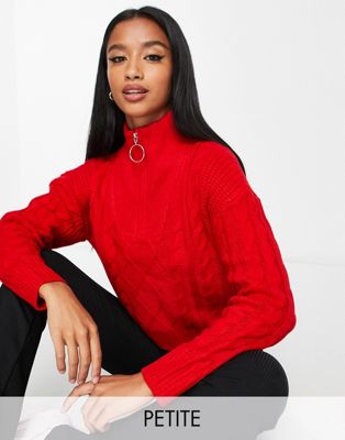 Brave Soul Petite tanya half zip cable knit jumper in red