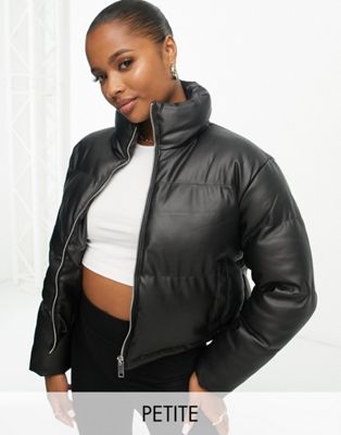 Brave Soul Petite tropic faux leather puffer jacket in black