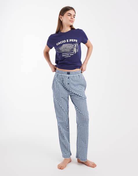 Brave Soul - Pigiama in cotone blu navy con t-shirt con stampa grafica Cacio e Pepe e pantaloni a quadri - view 1