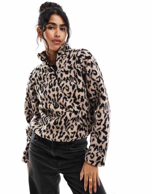 Brave Soul - Pile a maniche lunghe leopardato con zip a 3/4