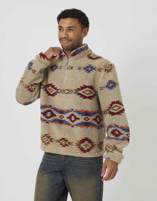 Brave Soul pile borg con fantasia e zip corta, color crema, 1 di 4