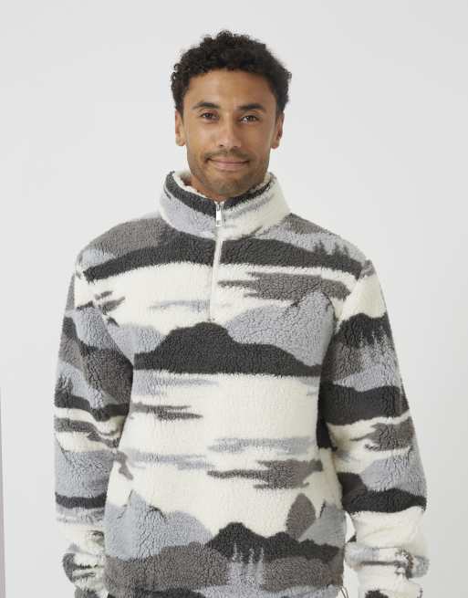 Brave Soul pile borg con stampa paesaggio e mezza zip grigio, 4 di 4