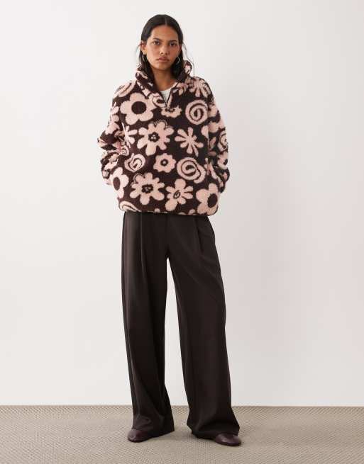 Brave Soul pile con zip a 1/4 e stampa floreale in marrone e rosa, 2 di 4