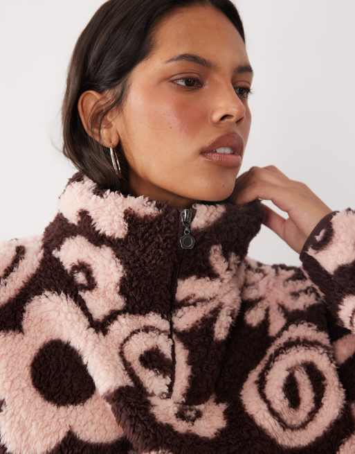 Brave Soul pile con zip a 1/4 e stampa floreale in marrone e rosa, 3 di 4
