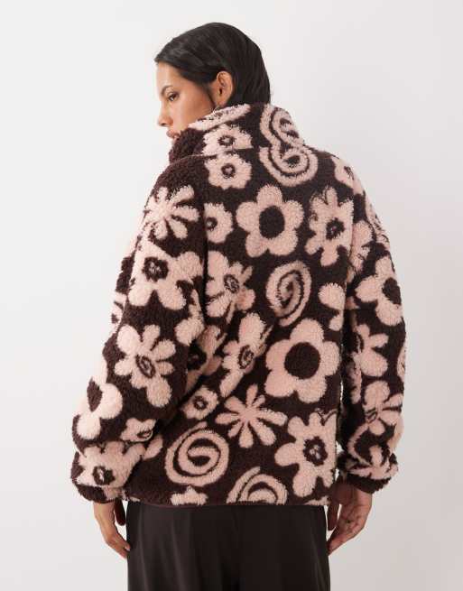 Brave Soul pile con zip a 1/4 e stampa floreale in marrone e rosa, 4 di 4