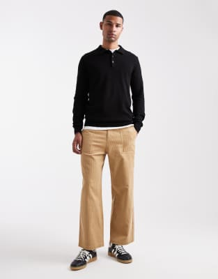 Brave Soul Placket Long Sleeve Polo Top In Black