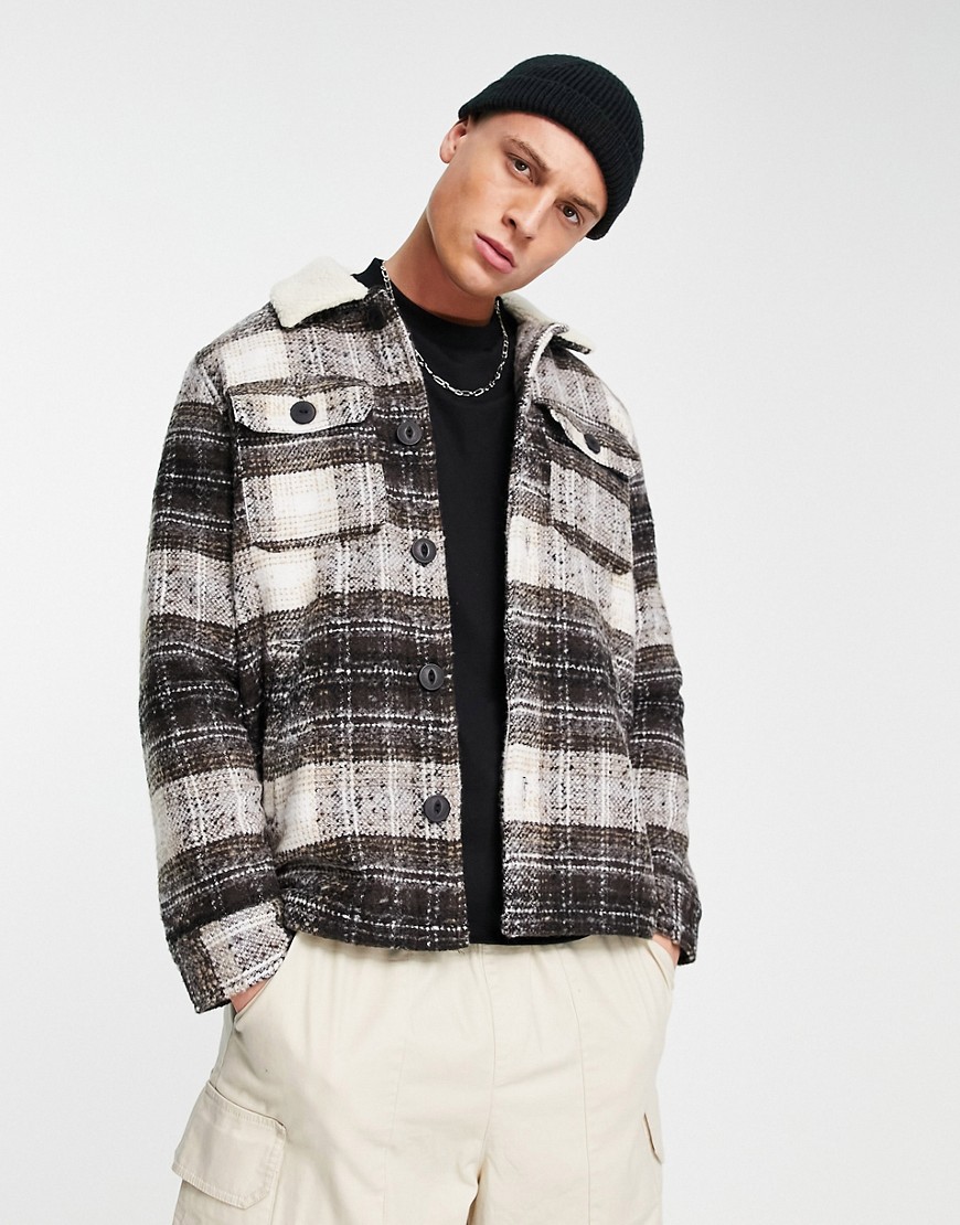 Brave Soul plaid jacket with borg collar in brown