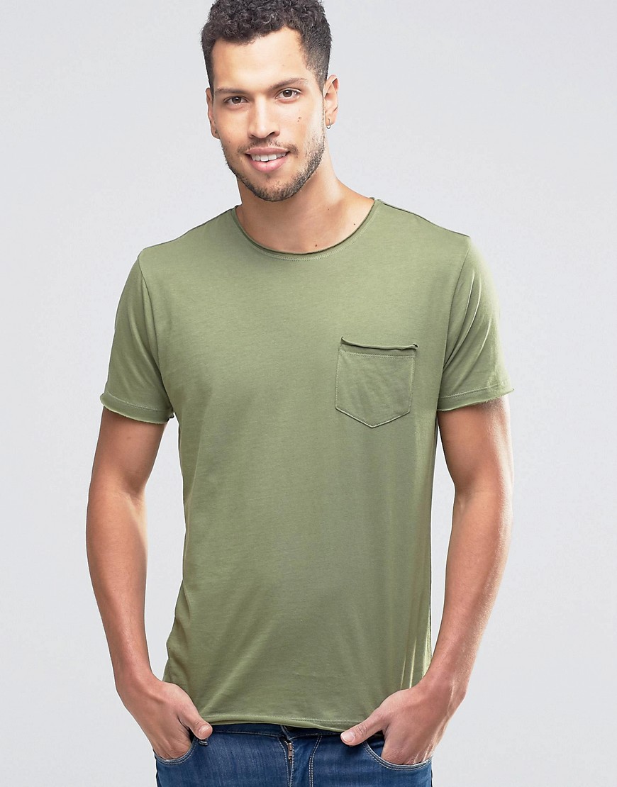 Brave Soul Plain Raw Edge T-Shirt-Green