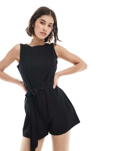 Brave Soul – Playsuit in schwarzer Leinenoptik mit Taillenband - view 1