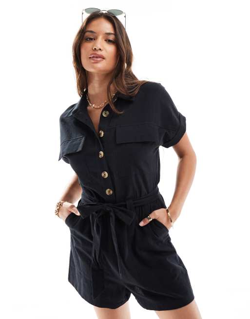 Brave Soul - Playsuit met korte mouwen, knopen aan de voorkant en riem in zwart