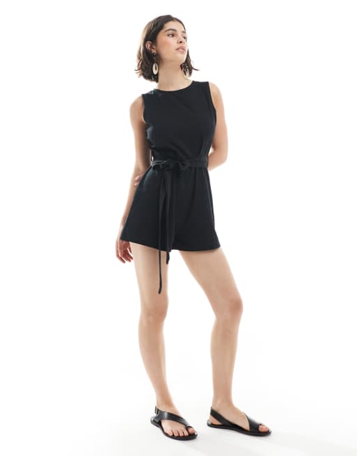 Brave Soul - Playsuit met linnenlook en gestrikte taille in zwart, 2 van 4