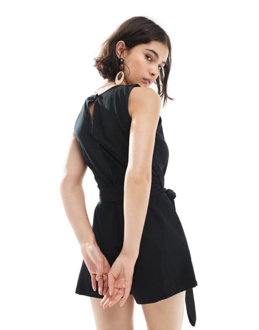 Brave Soul - Playsuit met linnenlook en gestrikte taille in zwart, 4 van 4