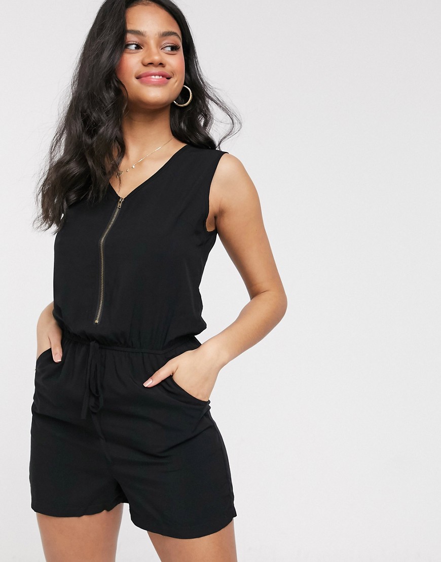 Brave Soul playsuit with elasticated waist and zip front in black