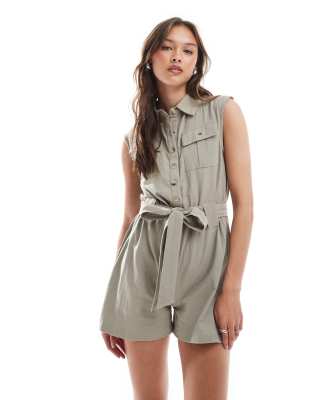 Brave Soul Brave Soul playsuit with tie waist and button up detail in stone-Neutral