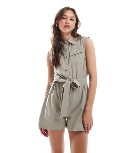 Brave Soul playsuit with tie waist and button up detail in stone - view 1