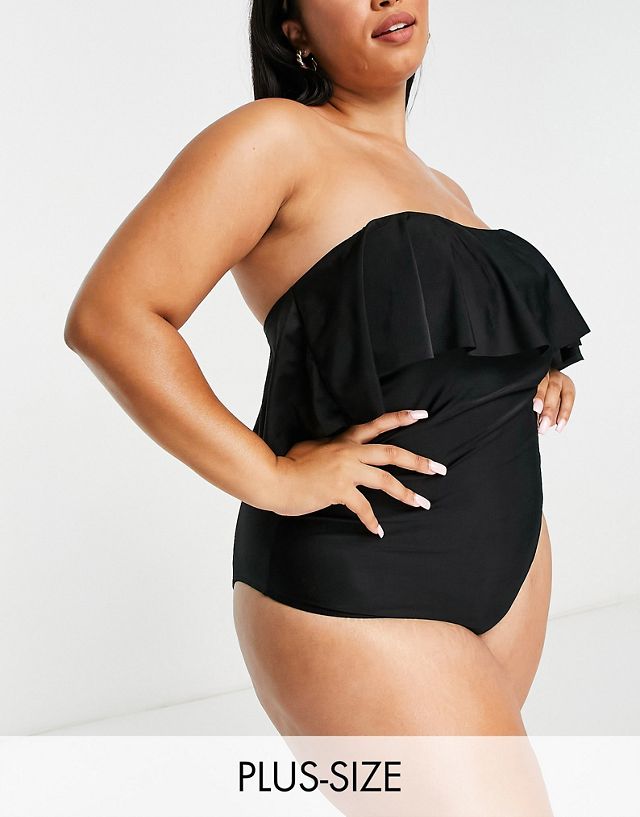 Brave Soul Plus bandeau swimsuit with frill detail in black
