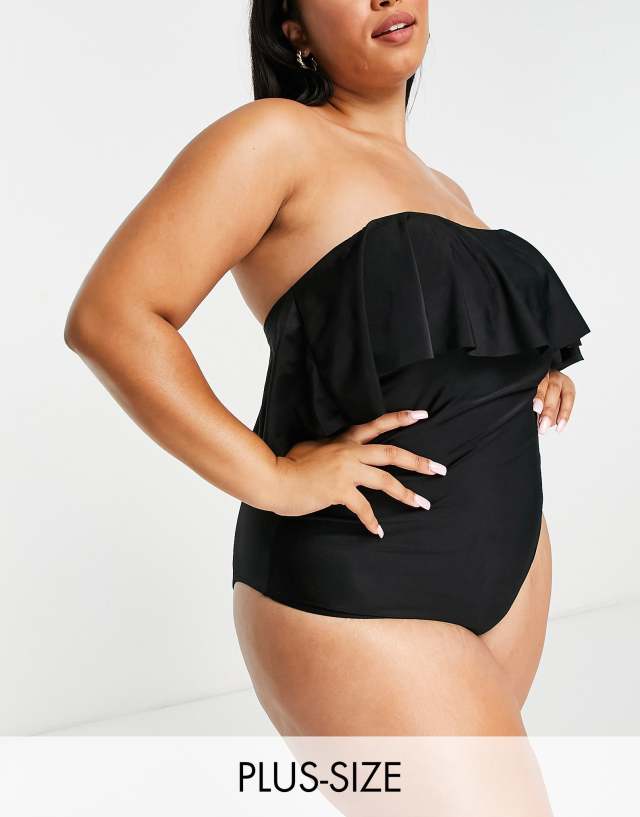 Brave Soul - plus bandeau swimsuit with frill detail in black