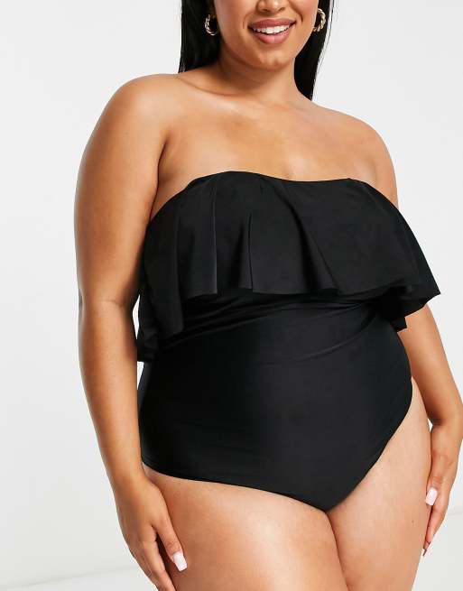 Brave Soul Plus bandeau swimsuit with frill detail in black