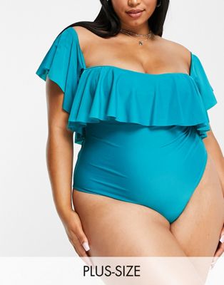 Brave Soul Plus bandeau swimsuit with frilll detail in blue