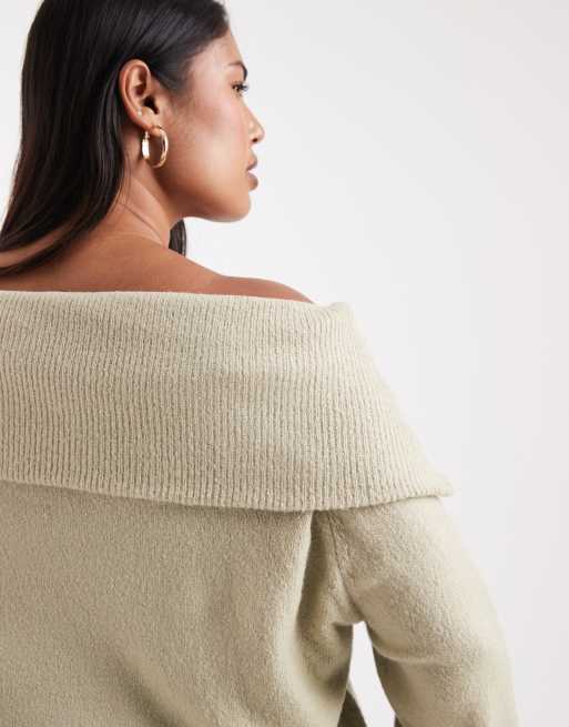 Brave Soul Plus bardot jumper in sage green, 3 of 4