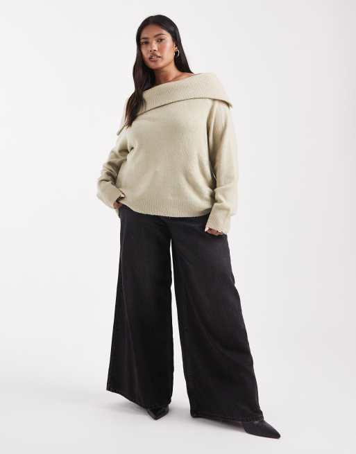 Brave Soul Plus bardot jumper in sage green, 4 of 4