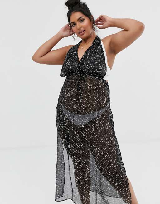 Brave Soul Plus beach maxi dress in polka dot with slits, 4 of 4