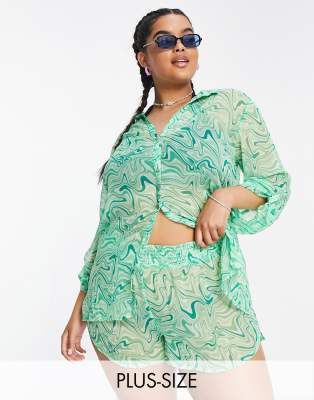 Brave Soul Brave Soul Plus beach shirt and short set in green swirl print