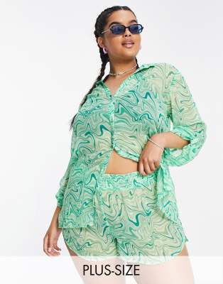 Brave Soul Plus beach shirt and short set in green swirl print