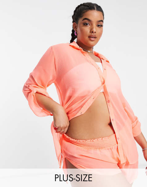 Brave Soul Plus beach shirt and short set in neon coral - view 1