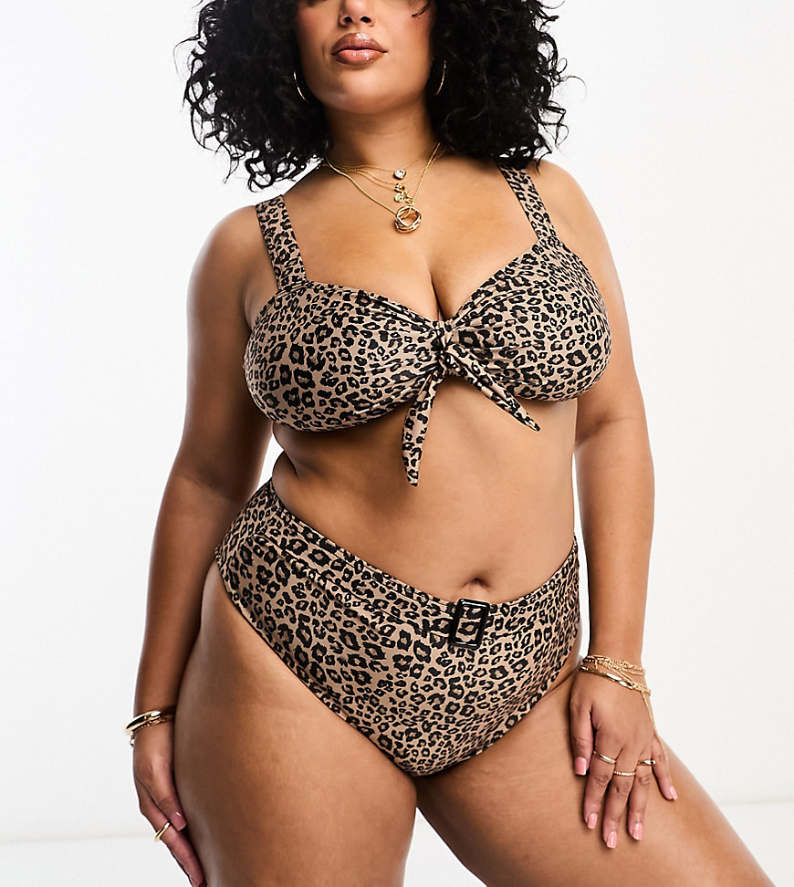Brave Soul Plus belted bikini bottom in brown leopard print