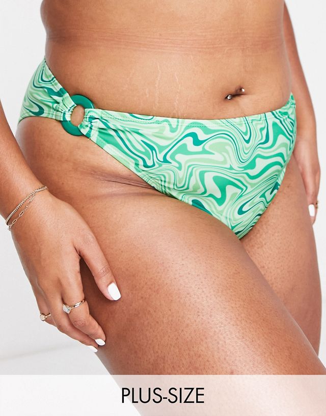 Brave Soul Plus bikini bottom with ring detail in green swirl print
