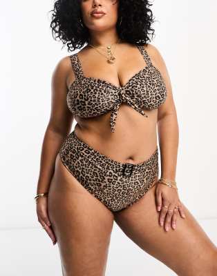 Brave Soul Plus - Bikinihose in Braun mit Leopardenmuster und Gürtel-Brown