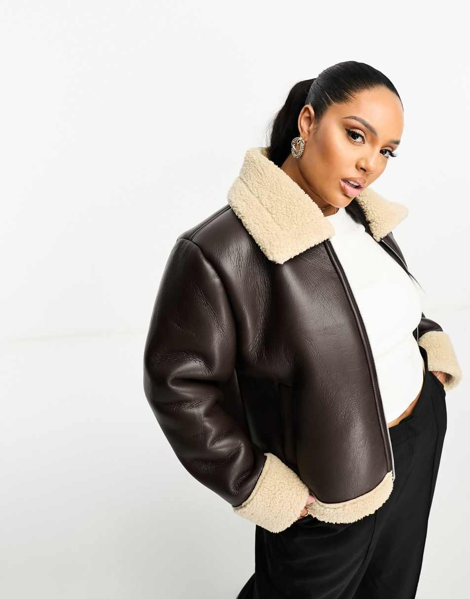 Topshop Tall faux leather shearling zip front oversized aviator jacket with  double collar detail in chocolate- Brown