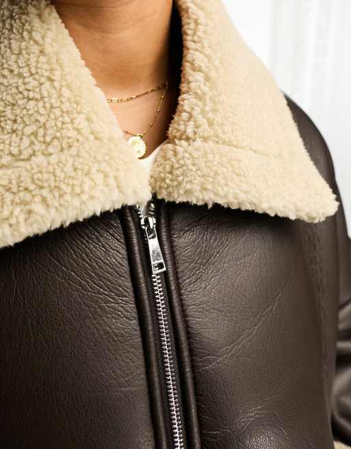 Brave Soul Plus bonded aviator jacket with faux shearling in brown