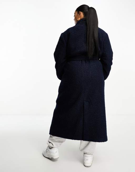 Brave Soul Plus boucle formal belted coat in navy ASOS