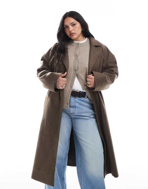 Brave Soul Plus – Brun, lång ytterrock med skärp i yllelook - view 1